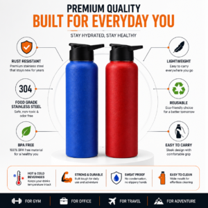 Stainless Steel Water Bottle - Leak-Proof, Rust-Free Design | Lightweight & Easy-Carry for Travel, Hiking, Work | Silver & Color Options