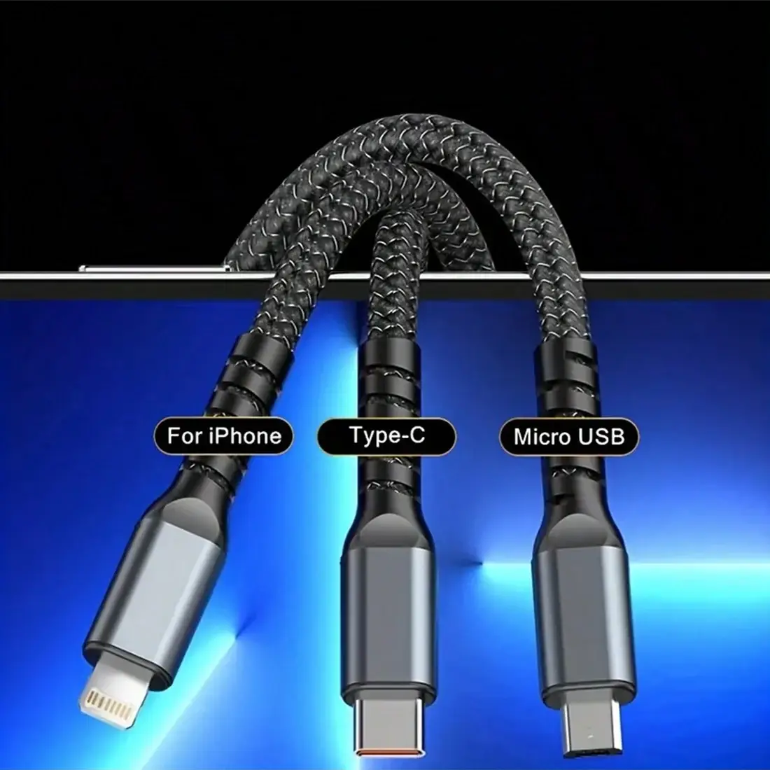 3-in-1 100W USB-C Fast Charging Cable for iPhone, Android