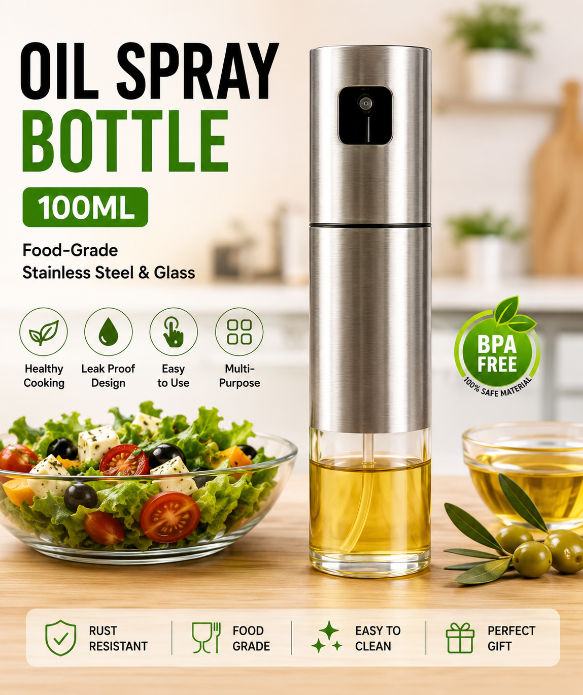 Oil Spray Bottle 100ml - Food-Grade Stainless Steel & Glass
