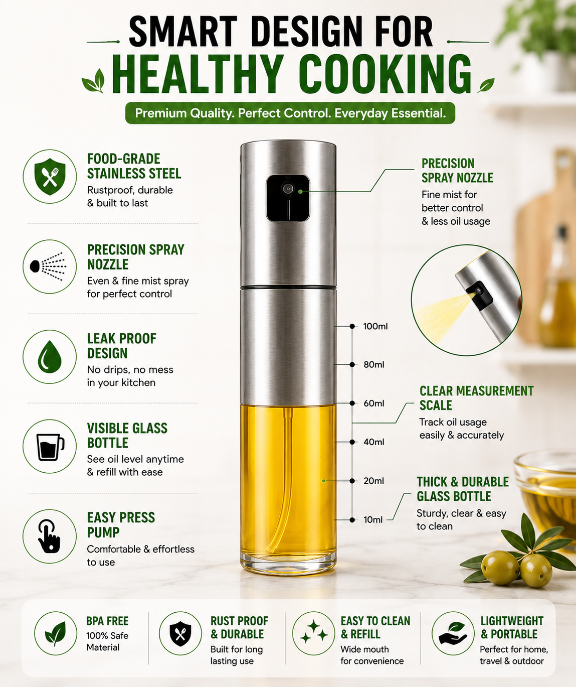 Oil Spray Bottle 100ml - Food-Grade Stainless Steel & Glass