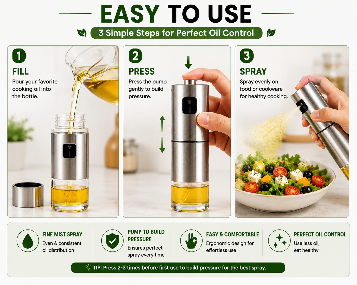 Oil Spray Bottle 100ml - Food-Grade Stainless Steel & Glass