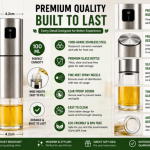 Oil Spray Bottle 100ml - Food-Grade Stainless Steel & Glass