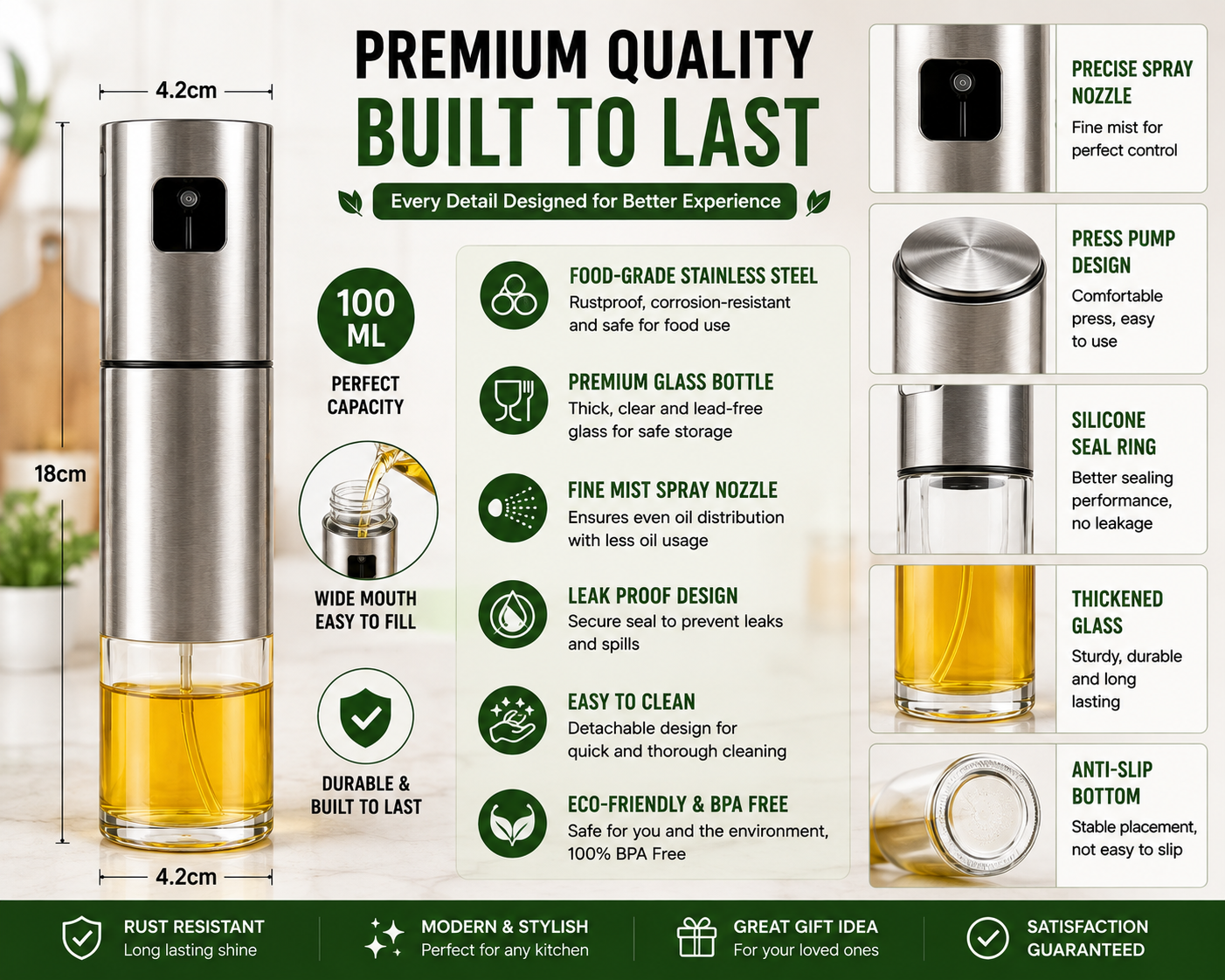 Oil Spray Bottle 100ml - Food-Grade Stainless Steel & Glass