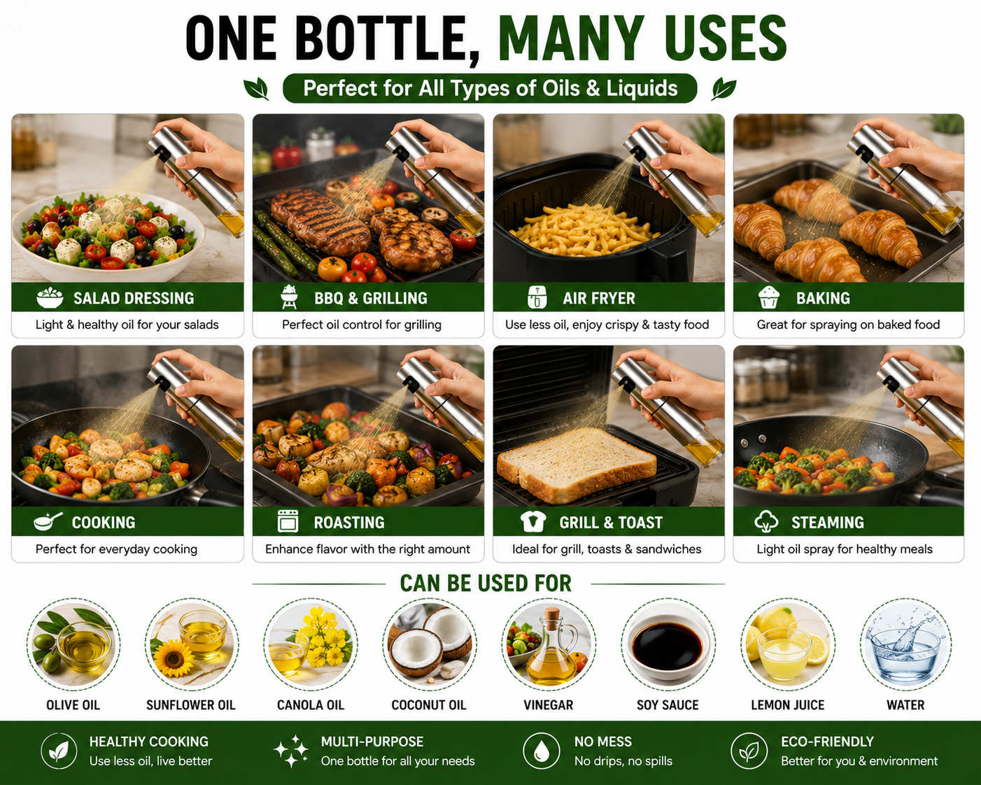 Oil Spray Bottle 100ml - Food-Grade Stainless Steel & Glass