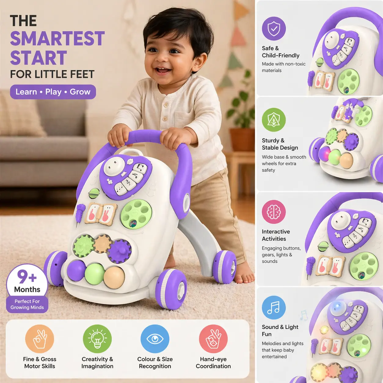 Baby Walker with Music & Anti-Slip Wheels – Purple