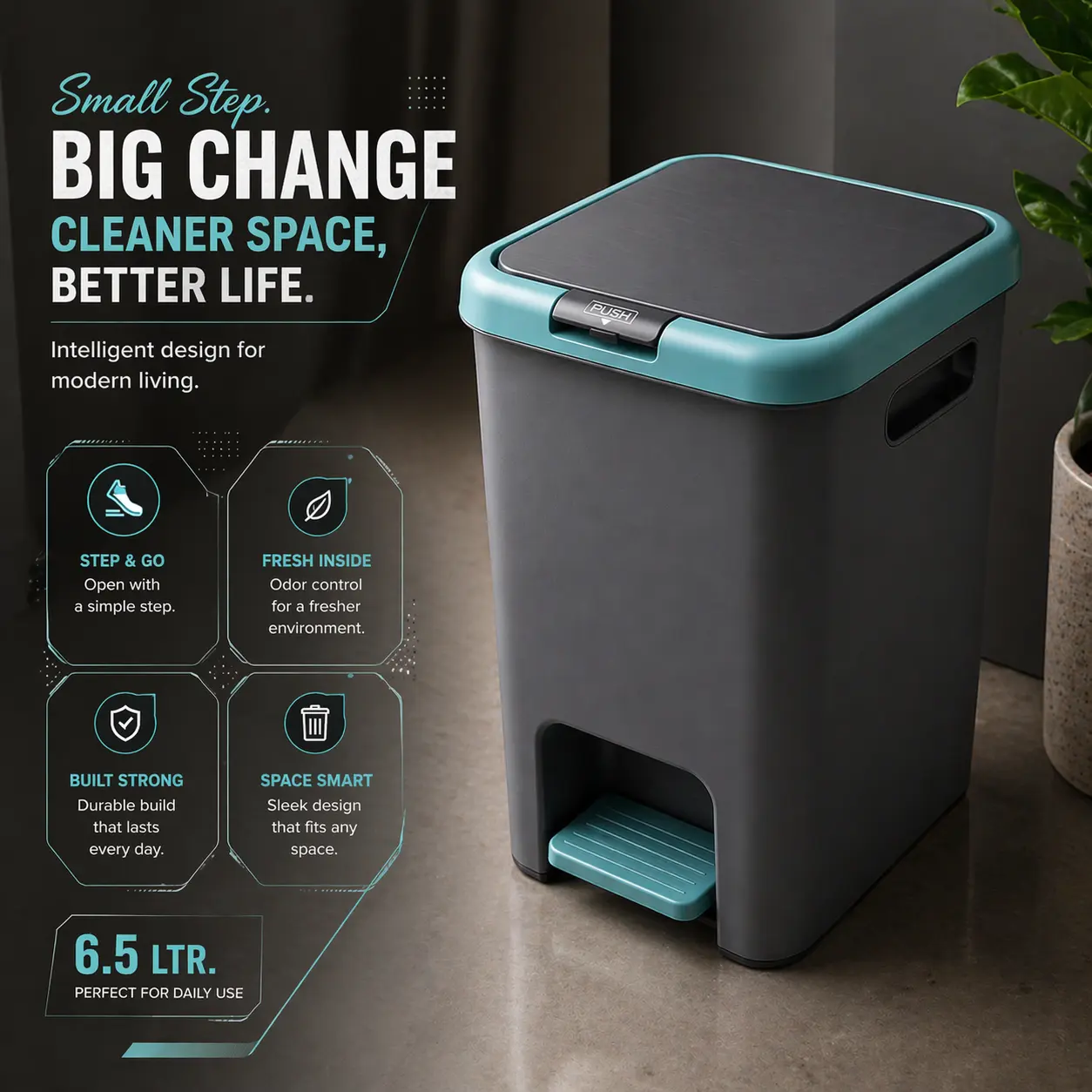 Plastic Pedal Dust Bin 6.5L – Push Lid Waste Bin