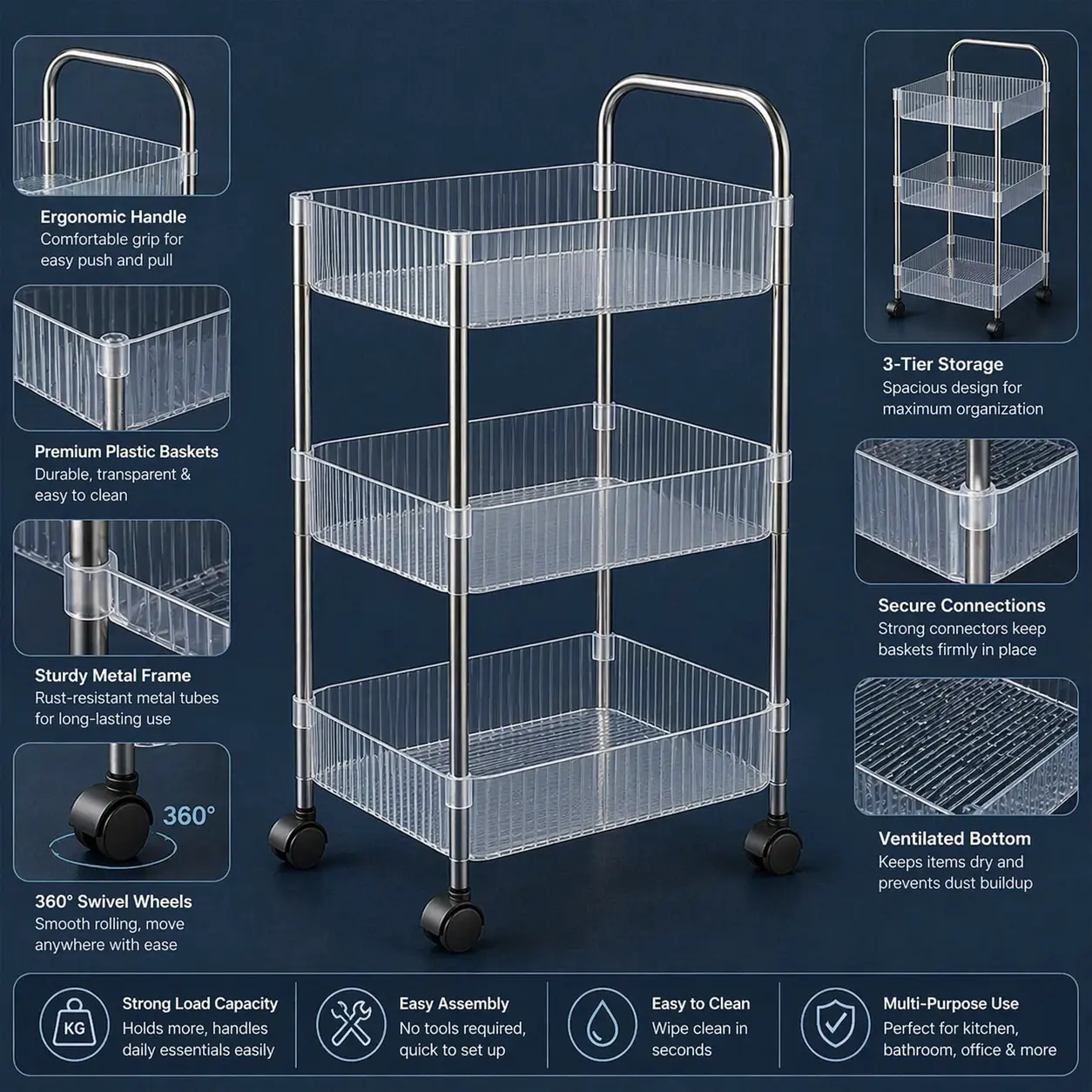 3 Layer Storage Trolley with Wheels for Home & Kitchen