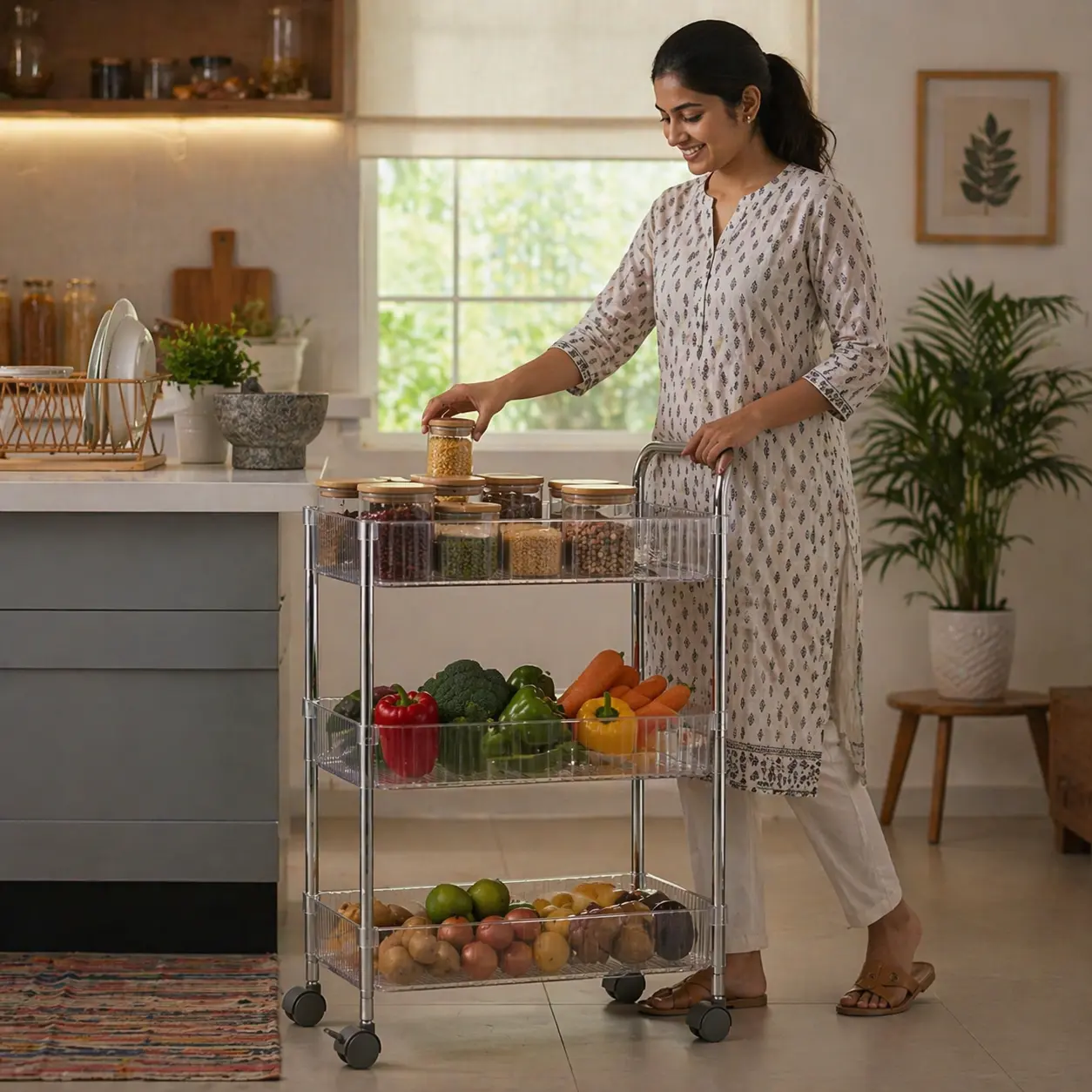 3 Layer Storage Trolley with Wheels for Home & Kitchen