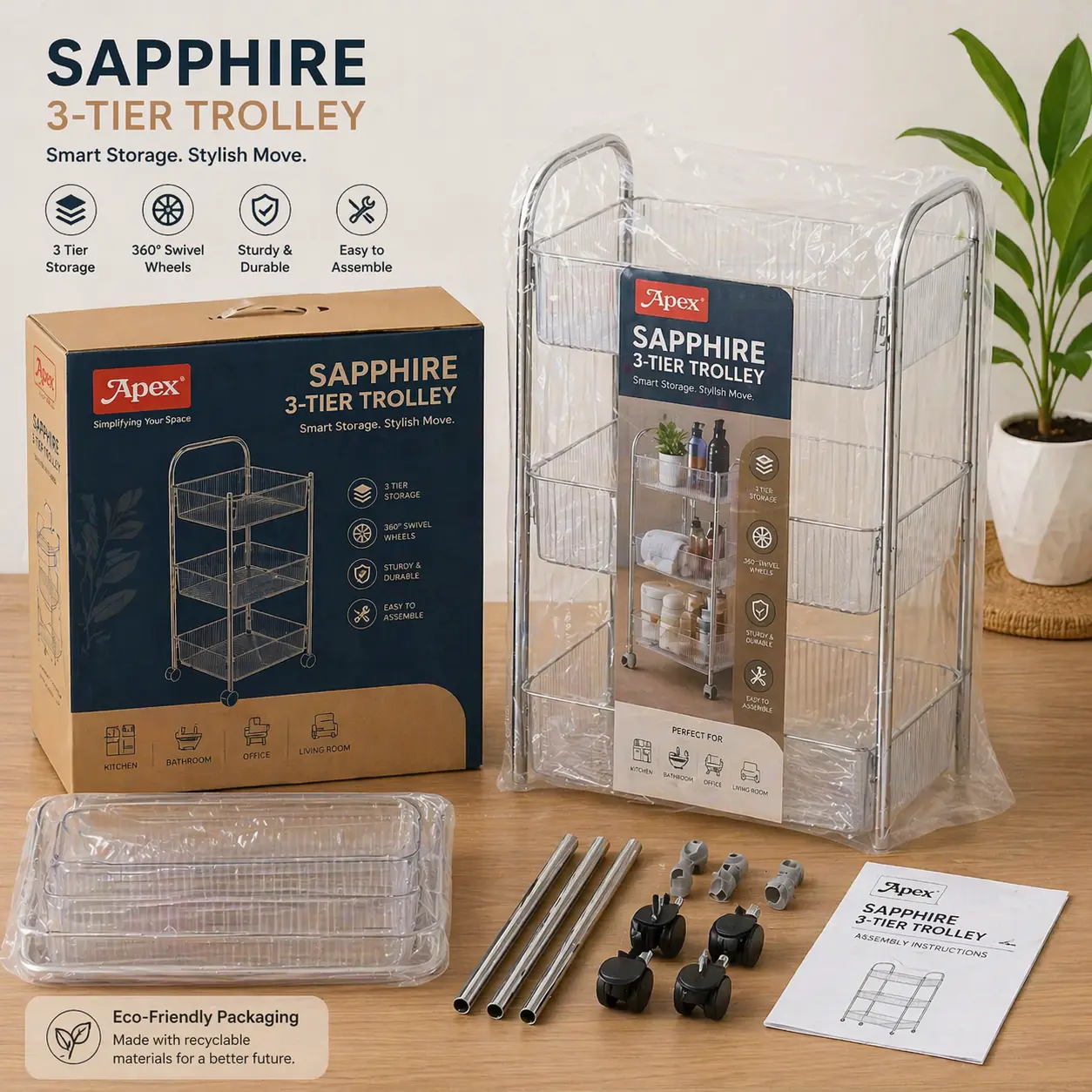 3 Layer Storage Trolley with Wheels for Home & Kitchen