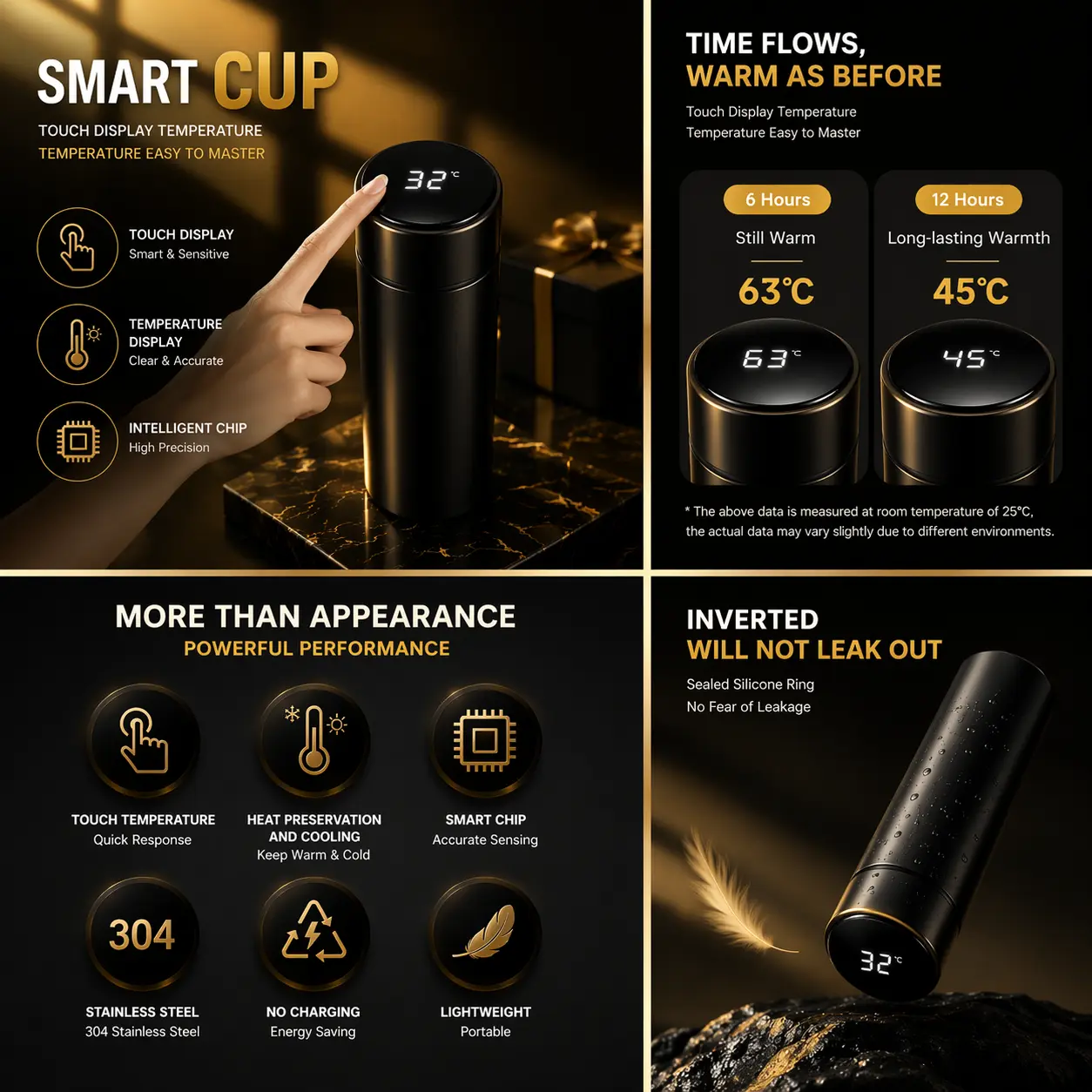 Personalized smart water bottle with LED temperature display black