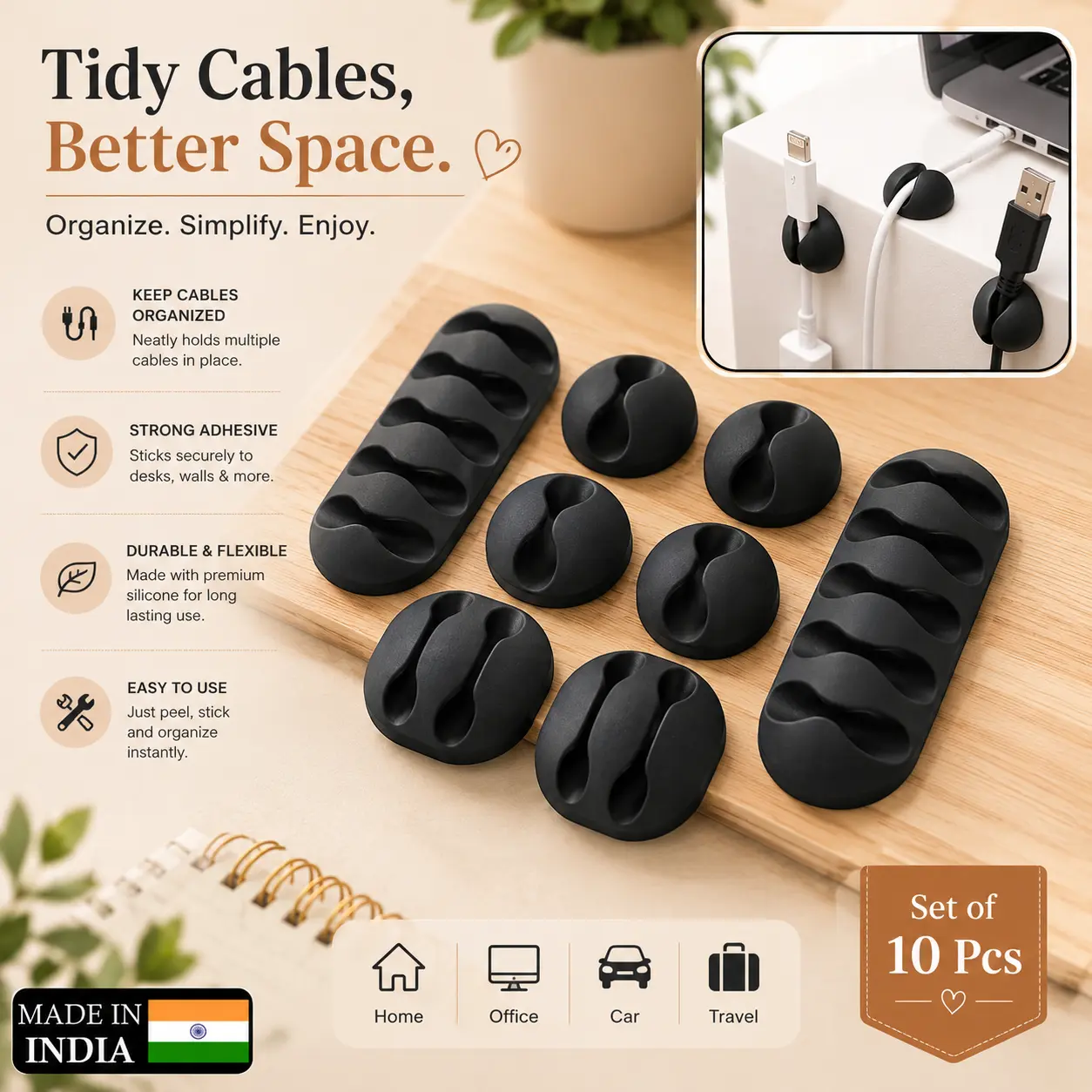 Cable Organizer Holder Clips for Wire Management (10 Pc)