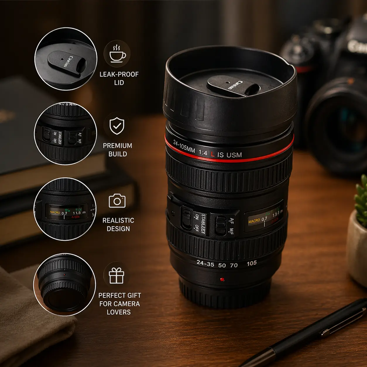 Camera Lens Coffee Mug Flask with Lid – Stylish Travel Mug