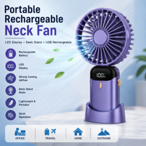 Portable Rechargeable Neck Fan with LED Display & Desk Stand