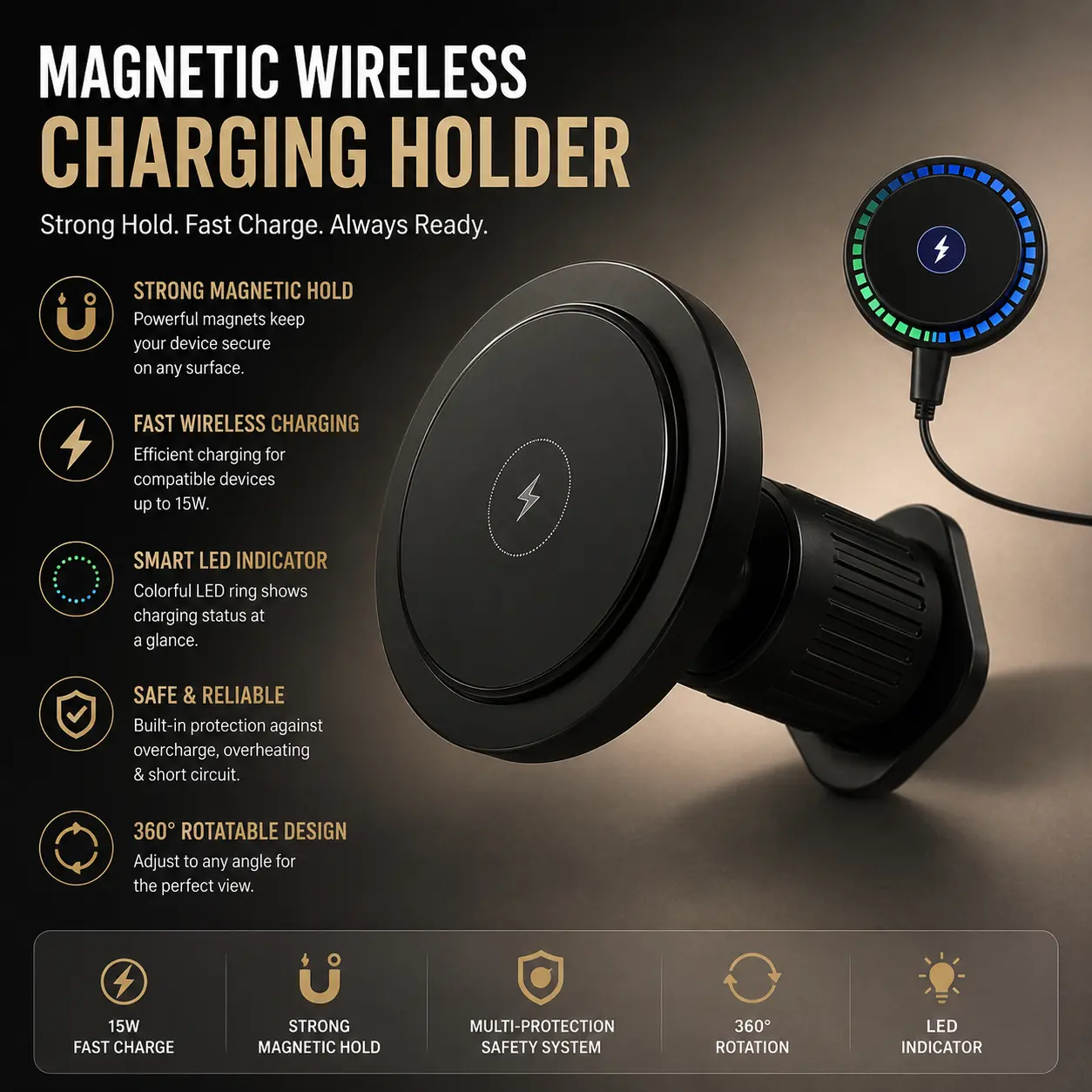 Magnetic Wireless Car Phone Charger Mount with RGB Lights