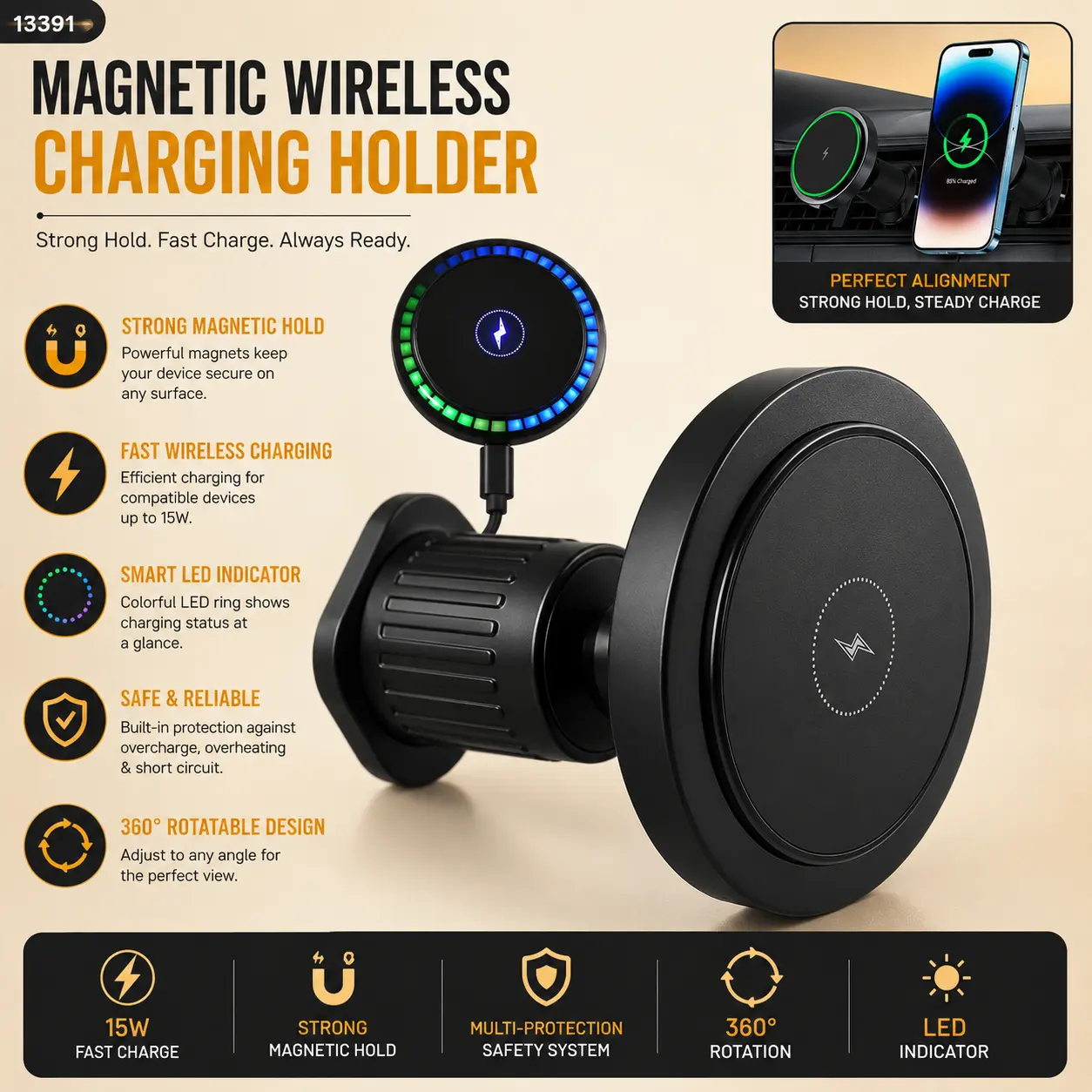Magnetic Wireless Car Phone Charger Mount with RGB Lights