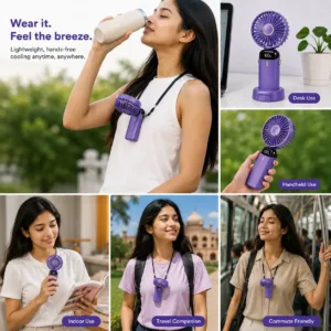 Portable Rechargeable Neck Fan with LED Display & Desk Stand