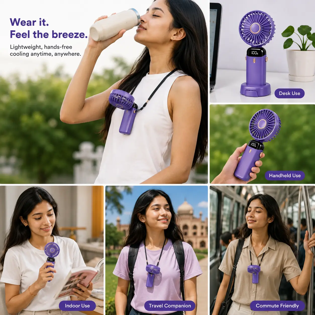Portable Rechargeable Neck Fan with LED Display & Desk Stand