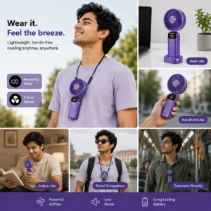Portable Rechargeable Neck Fan with LED Display & Desk Stand