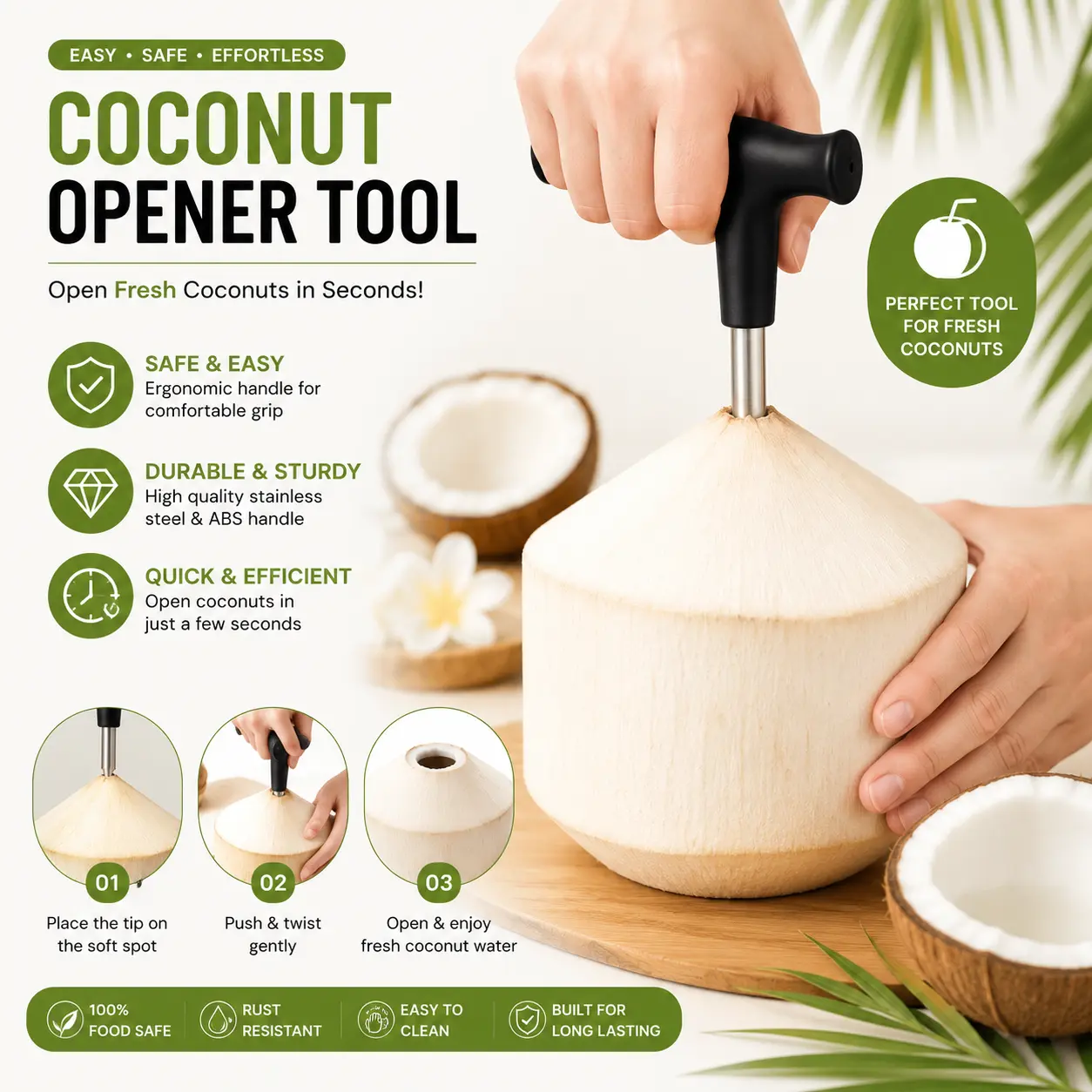Coconut Opener Tool with Comfortable Grip Handle