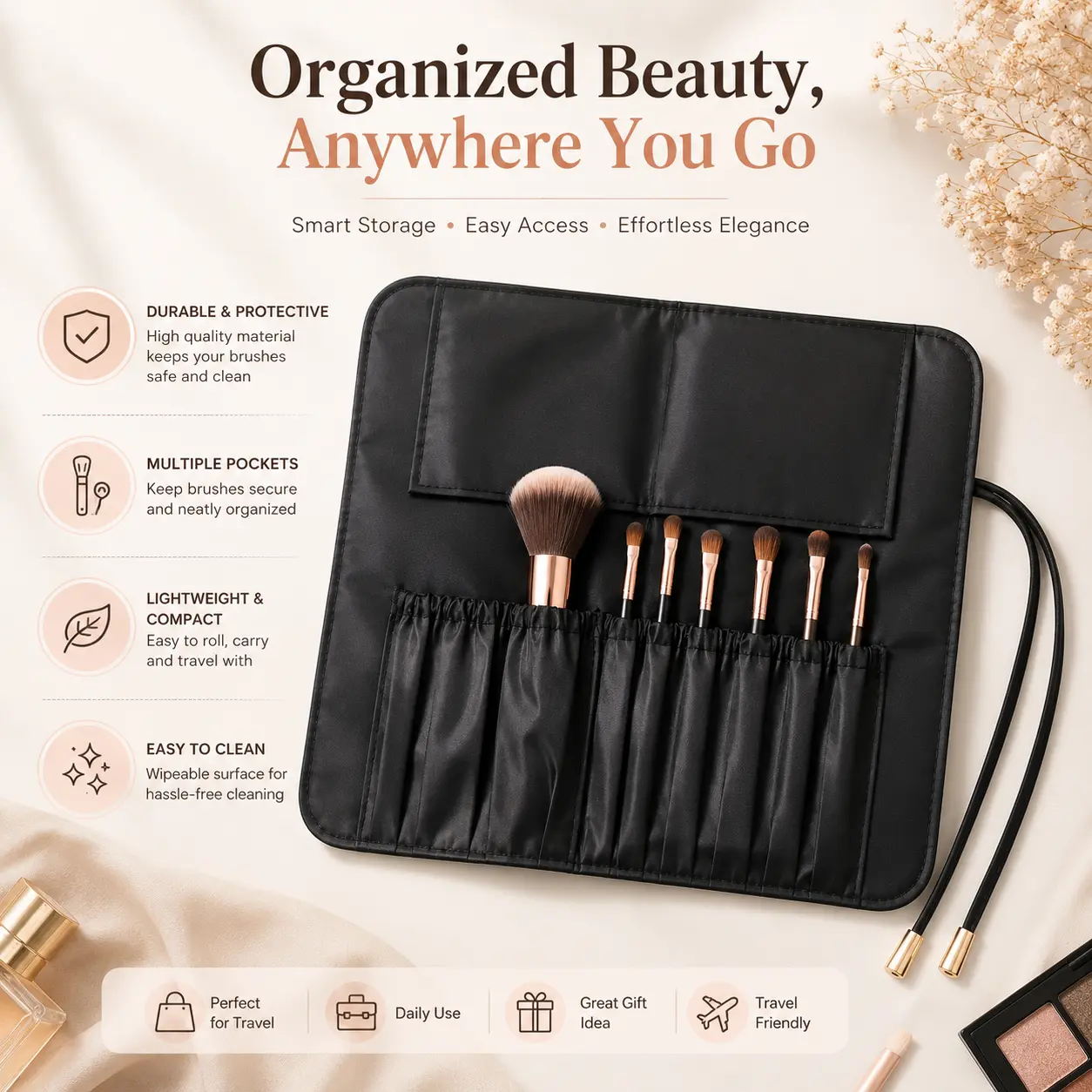Foldable Makeup Brush Organizer Travel Bag