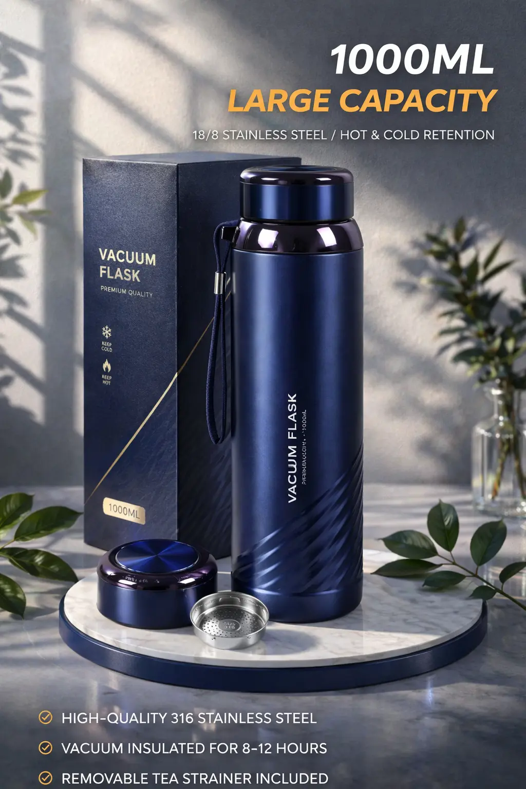 Vacuum Insulated Steel Bottle 1L – Hot & Cold Flask