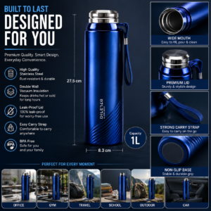 Stainless Steel Water Bottle 1L – Vacuum Insulated Hot & Cold