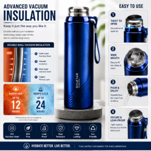 Stainless Steel Water Bottle 1L – Vacuum Insulated Hot & Cold