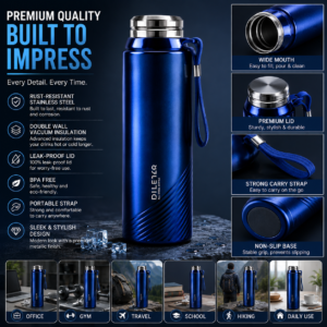 Stainless Steel Water Bottle 1L – Vacuum Insulated Hot & Cold